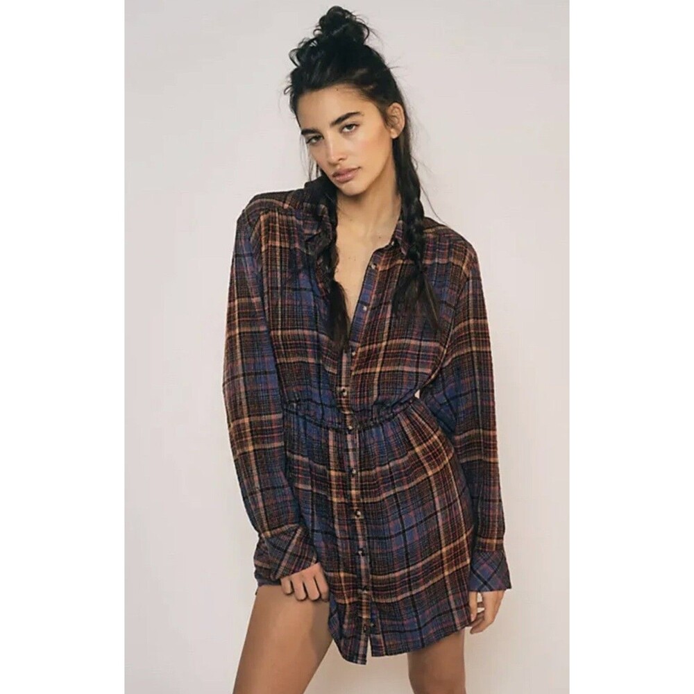 Free people Mini Dress Women Blue Elai Plaid Long Sleeve Vacay Size XS NWT